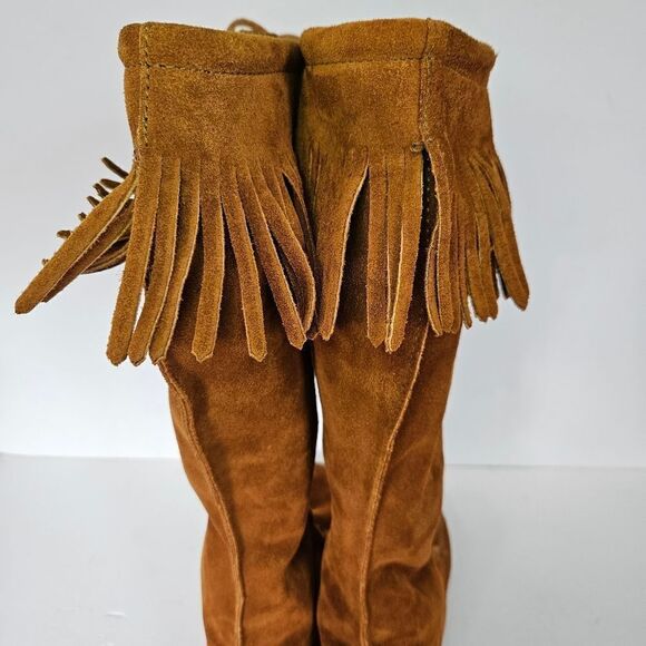 Minnetonka Brown Lace Front Knee High Suede Fringe Moccasins Festival Boots Sz 7 - Picture 9 of 11